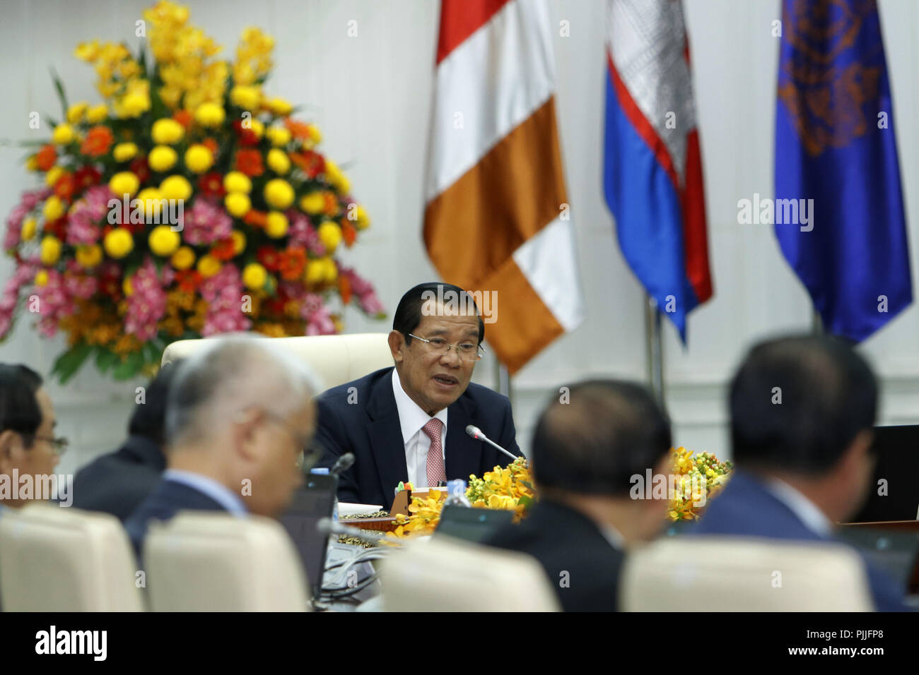 Phnom Penh 7th Sep 2018 Cambodian Prime Minister Samdech Techo Hun Sen C Speaks At The First Cabinet Meeting In Phnom Penh Cambodia On Sept 7 2018 Cambodian Prime Minister Samdech Techo