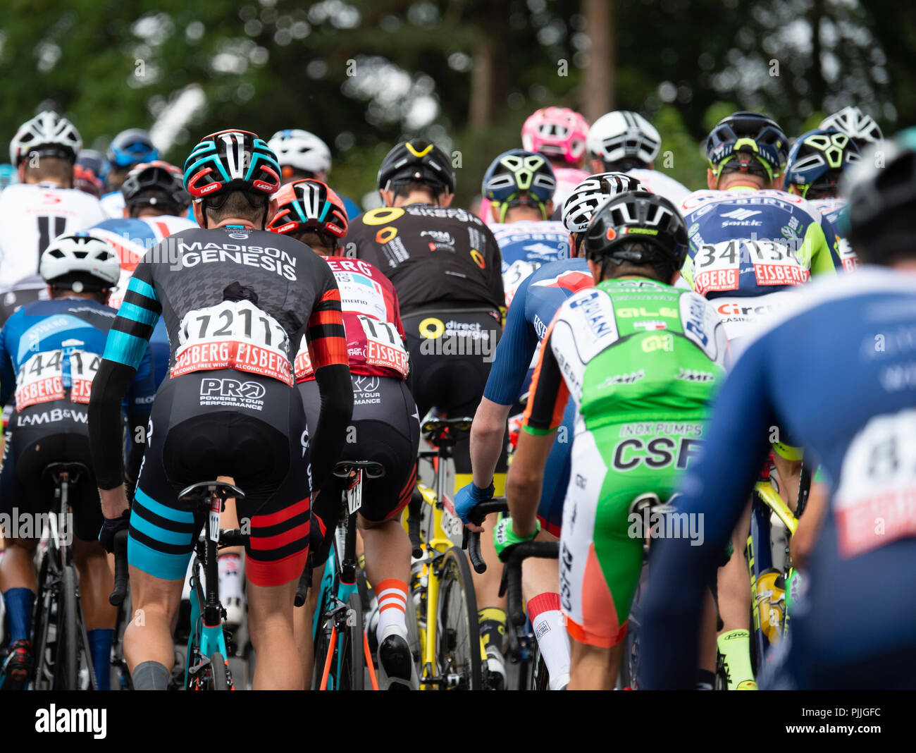 Furness, UK. 7th September 2018. Riders eye view of the peleton cresting the summit of Chesnut Hill, Keswick. Credit: STEPHEN FLEMING/Alamy Live News Stock Photo