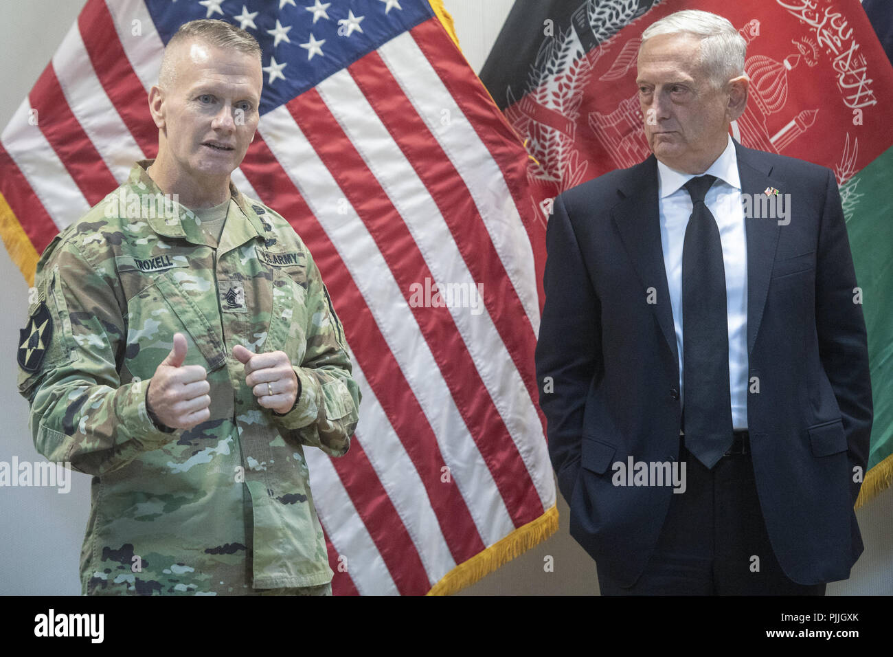 Secretary of Defense James N. Mattis and Marine Corps Gen. Joe Dunford, chairman of the Joint Chiefs of Staff, meet with Afghan President Ashraf Ghani at the Afghan Presidential Office building, Kabul, Afghanistan, Sept. 7, 2018. 7th Sep, 2018. (DoD Photo by Navy Petty Officer 1st Class Dominique A. Pineiro) US Joint Staff via globallookpress.com Credit: Us Joint Staff/Russian Look/ZUMA Wire/Alamy Live News Stock Photo