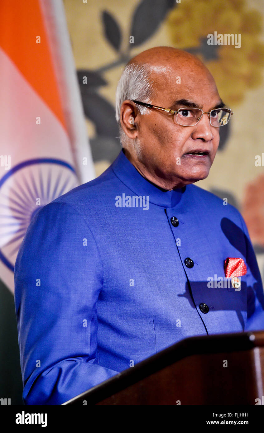 Prague, Czech Republic. 07th Sep, 2018. Indian President Ram Nath Kovind  speaks during the Czech-Indian