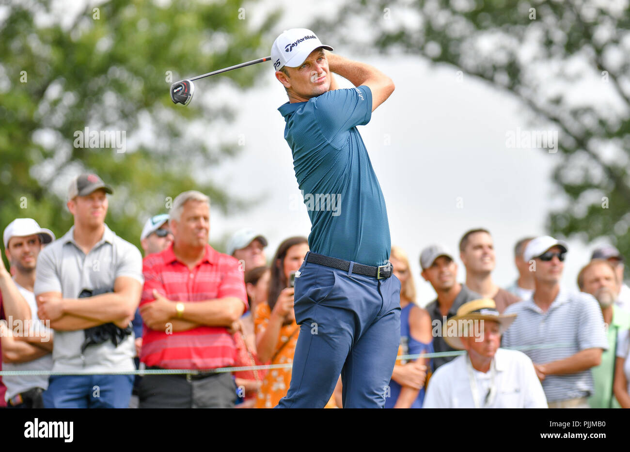 Newtown Square, Pennsylvania, USA: Friday September 7, 2018: Justion Rose watches his tee shot on the 12th hole during the second round of the BMW Championship at Aronimink Golf Course in Newtown Square, Pennsylvania. Gregory Vasil/CSM Credit: Cal Sport Media/Alamy Live News Stock Photo