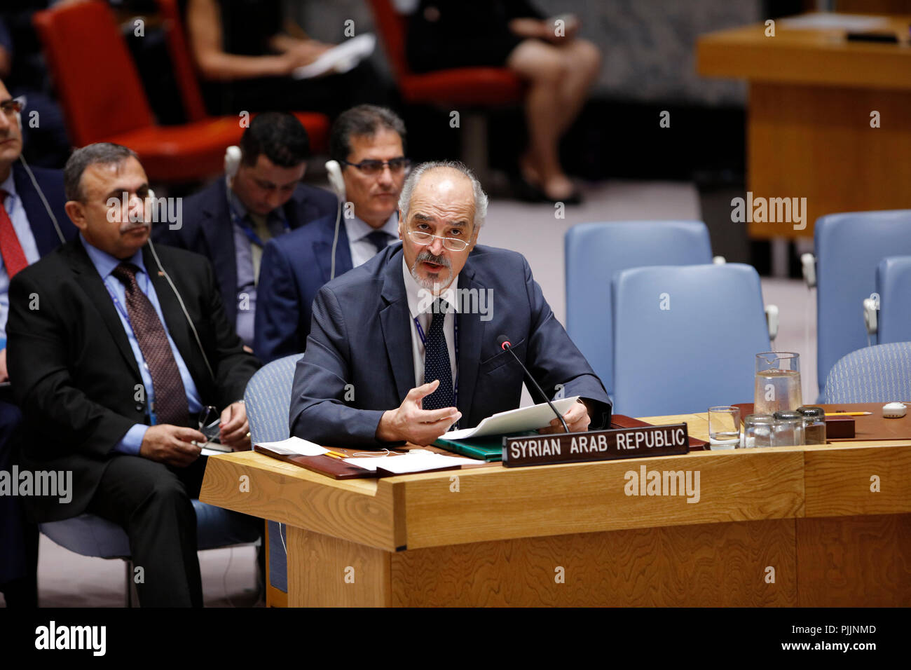 New York, USA. 7th September 2018.  Syrian Ambassador to the United Nations Bashar Ja'afari (front) speaks at a Security Council meeting on the situation in Idlib at the UN headquarters in New York, Sept. 7, 2018. The UN special envoy for Syria said Friday that the situation there had all the "ingredients" for a "perfect storm" with devastating humanitarian consequences, urging all stakeholders to find a solution to avert a tragedy. Credit: Li Muzi/Xinhua/Alamy Live News Stock Photo