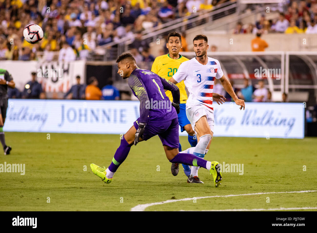 East Rutherford, NJ, USA. 7th Sept, 2018. Zack Steffen (1) comes flying out of his box to clear a ball in the second half of USA international friendly against Brazil. © Ben Nichols/Alamy Live News Stock Photo