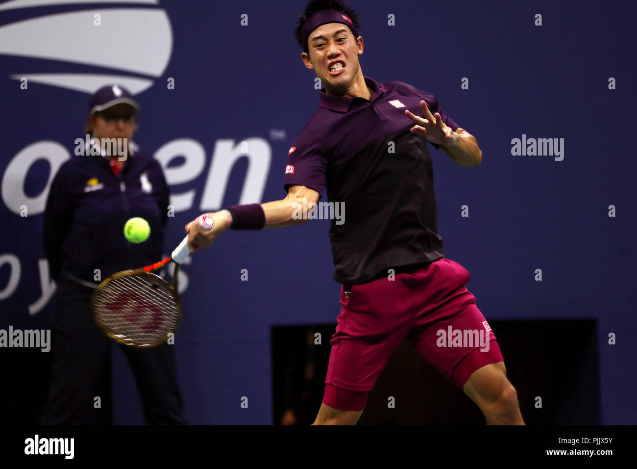 New York, USA. 7th September 2018.  US Open Tennis:  Japan's Kei Nishikori in action against Novak Djokovic, during their semifinal match at the US Open in Flushing Meadows, New York. Djokovic won the match and will face Juan Martin del Potro of Argentina in Sunday's final. Credit: Adam Stoltman/Alamy Live News Stock Photo
