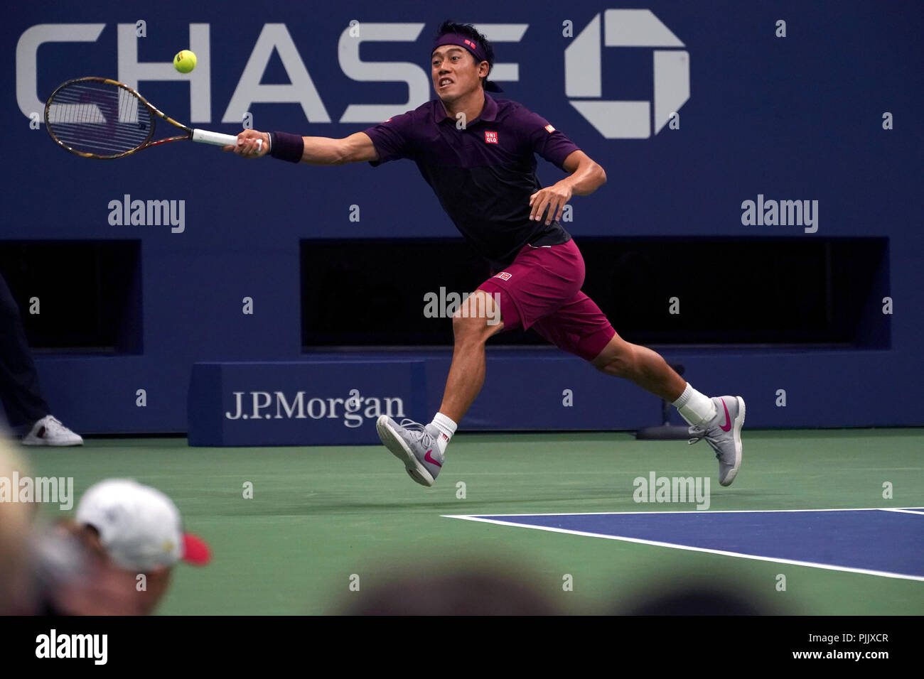 New York, USA. 7th September 2018.  US Open Tennis:  Japan's Kei Nishikori in action against Novak Djokovic, during their semifinal match at the US Open in Flushing Meadows, New York. Djokovic won the match and will face Juan Martin del Potro of Argentina in Sunday's final. Credit: Adam Stoltman/Alamy Live News Stock Photo