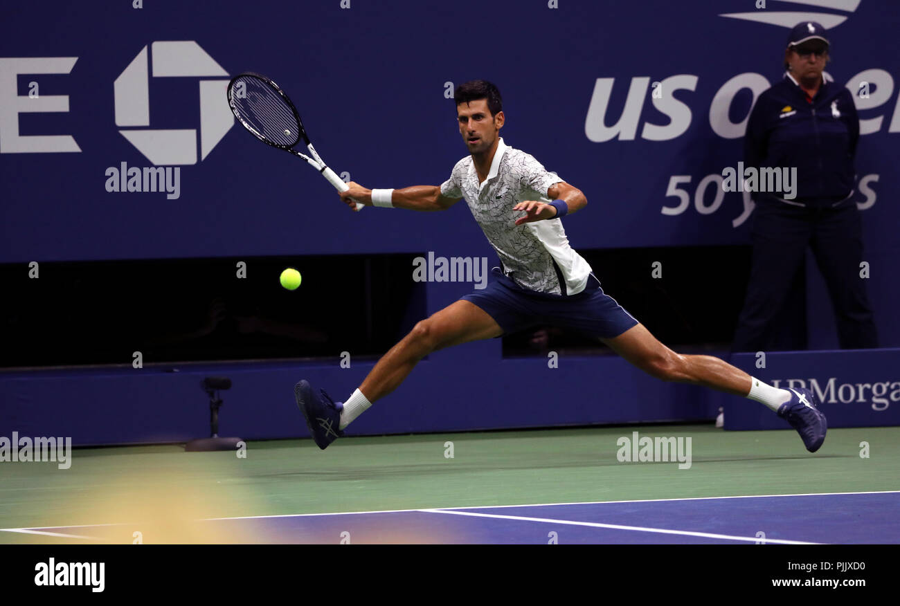 New York, USA. 7th September 2018.  US Open Tennis:  Novak Djokovic of Serbia in action against Japan's Kei Nishikori during their semifinal match at the US Open in Flushing Meadows, New York. Djokovic won the match and will face Juan Martin del Potro of Argentina in Sunday's final. Credit: Adam Stoltman/Alamy Live News Stock Photo