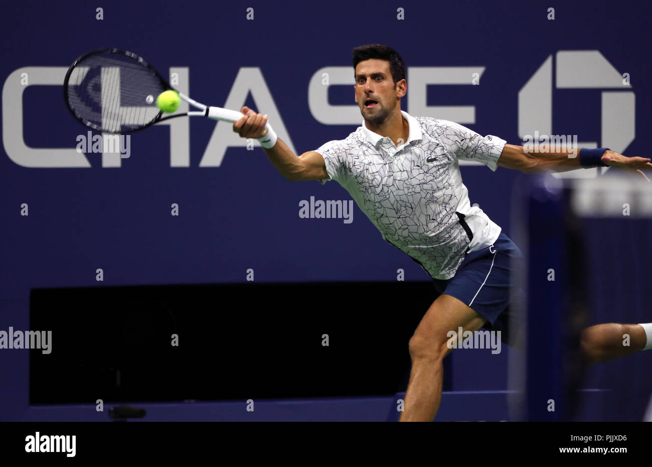 New York, USA. 7th September 2018.  US Open Tennis:  Novak Djokovic of Serbia in action against Japan's Kei Nishikori during their semifinal match at the US Open in Flushing Meadows, New York. Djokovic won the match and will face Juan Martin del Potro of Argentina in Sunday's final. Credit: Adam Stoltman/Alamy Live News Stock Photo