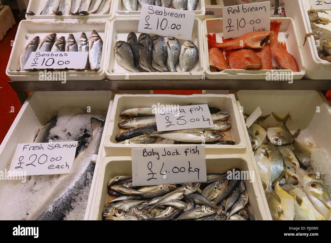 Sea food at Billingsgate Fish Market in Poplar, London, UK. Stock Photo