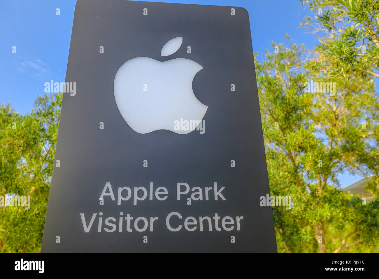 Cupertino, CA, United States - August 12, 2018: Apple sign of the new Apple Headquarters and Apple Park Visitor Center in Tantau Avenue of Cupertino, Silicon Valley, California. Stock Photo