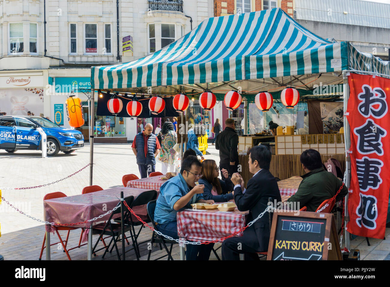 Street food stall in Bromley Market Square selling Japanese Katsu Curry. Stock Photo