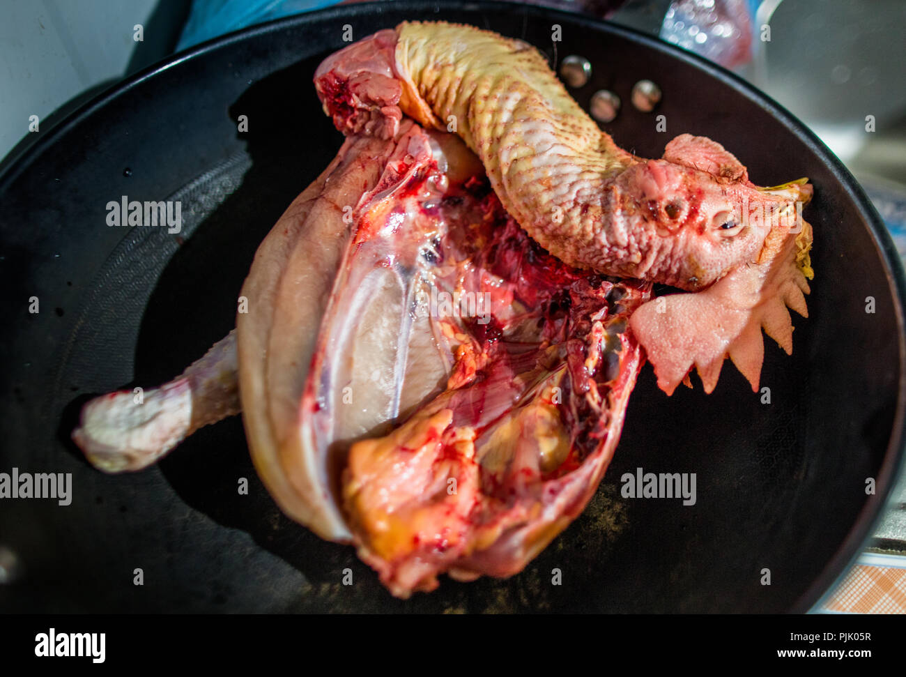 Freshly slaughtered chicken being prepared for dinner, in a skillet, in rural Vietnam. Lao Can, Sapa, Vietnam. Stock Photo