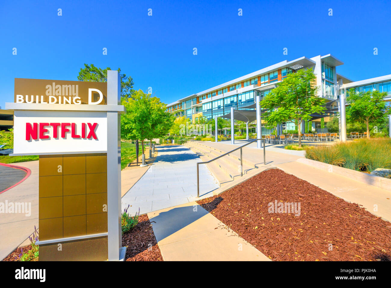 Los Gatos, CA, United States - August 12, 2018: Netflix Headquarters in Silicon Valley. Netflix entertainment service provider for movies and tv series on subscription-based by internet streaming. Stock Photo