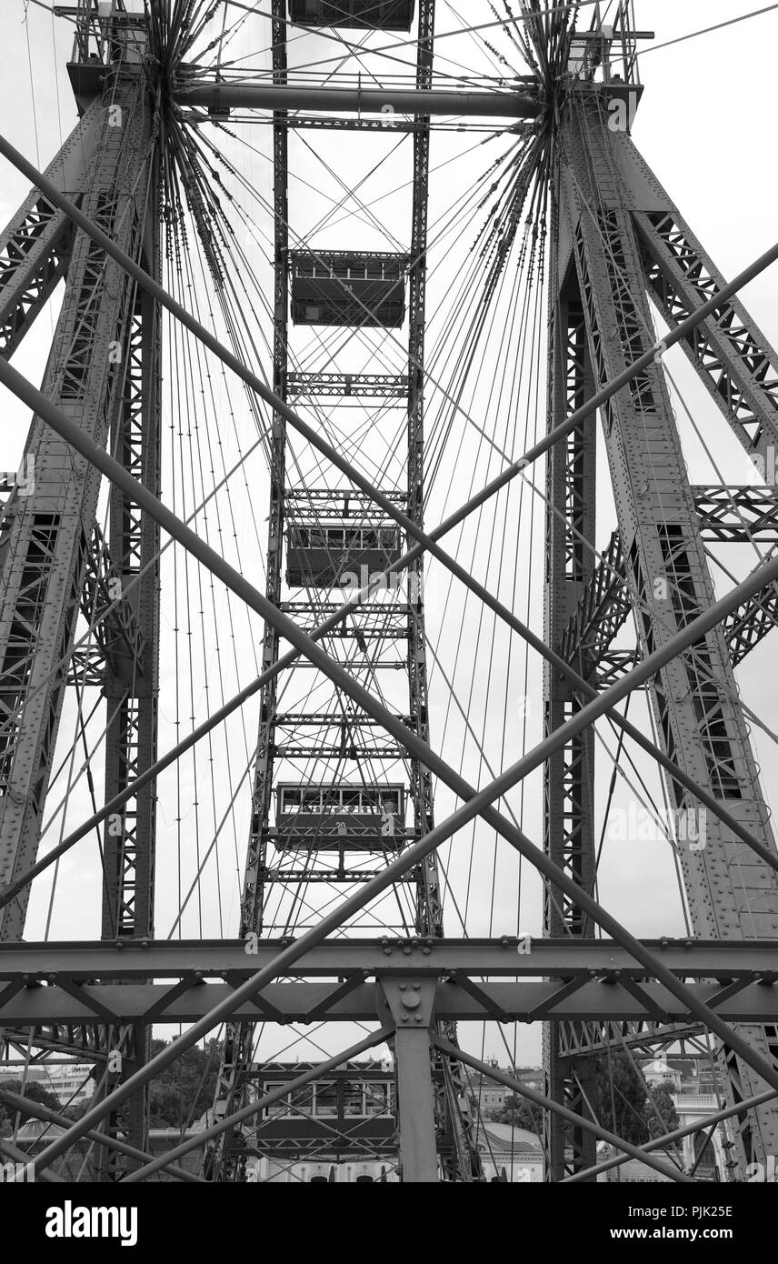 Gondolas of the Ferris Wheel in the Vienna Prater, b / w Stock Photo