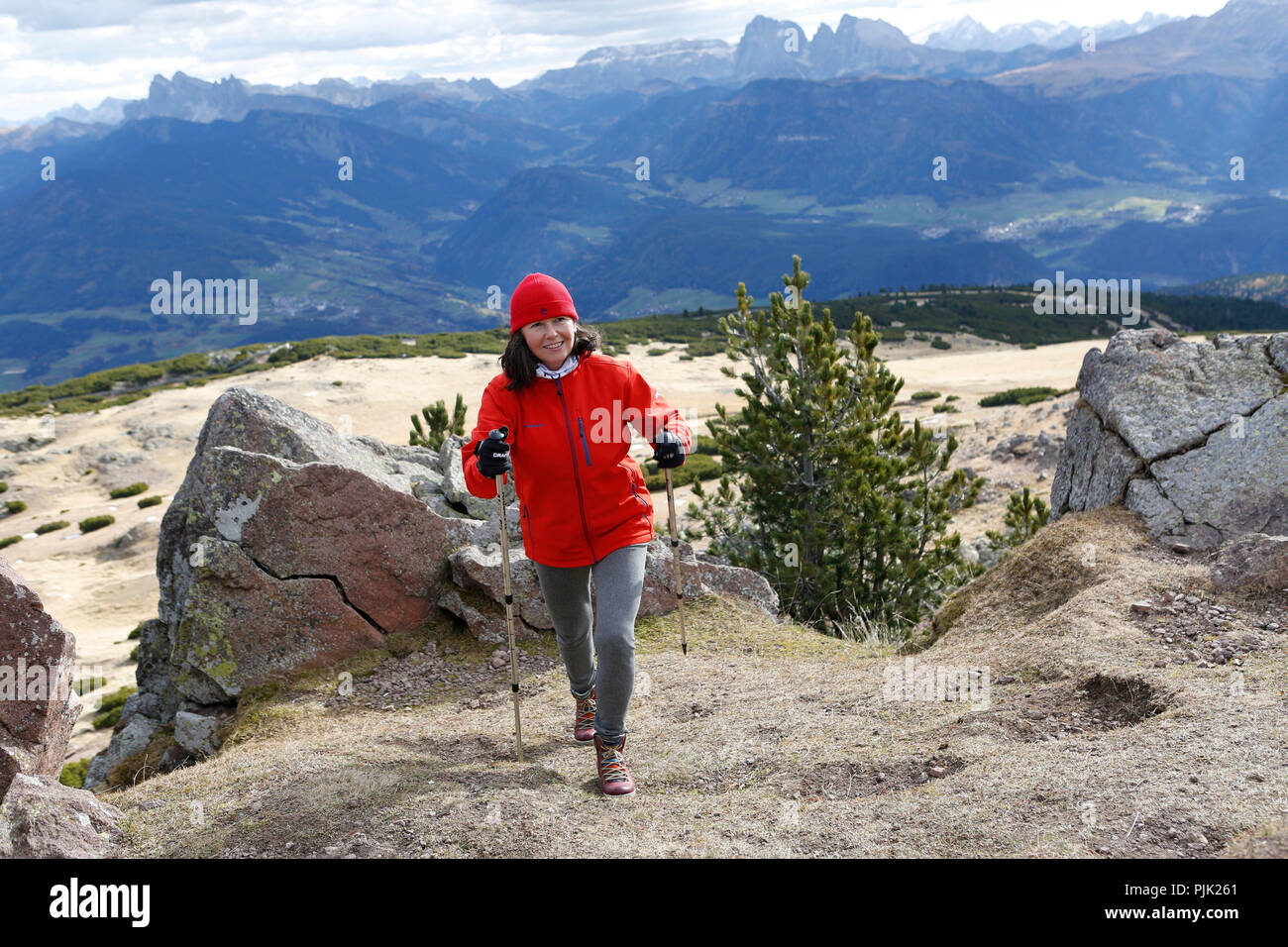 a woman hiking, Nordic walking Stock Photo