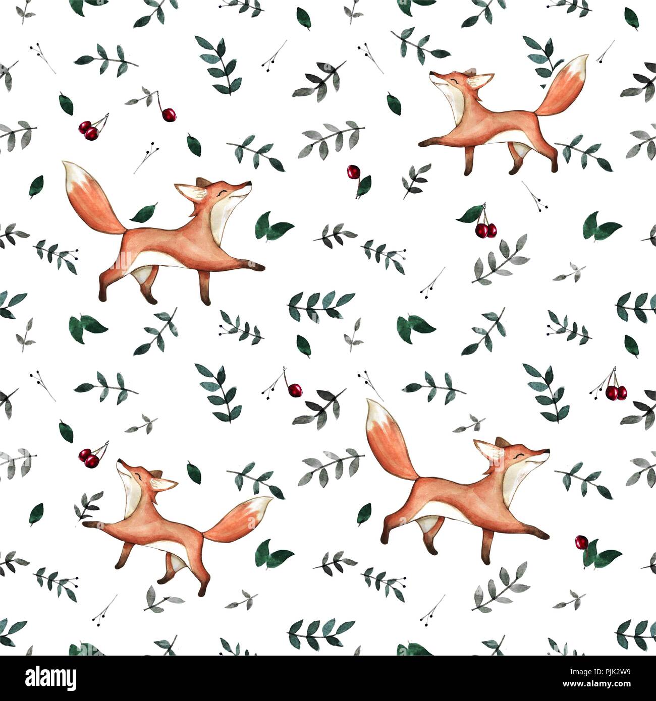 Watercolor cute hand drawn seamless pattern. Wild forest animals Stock ...