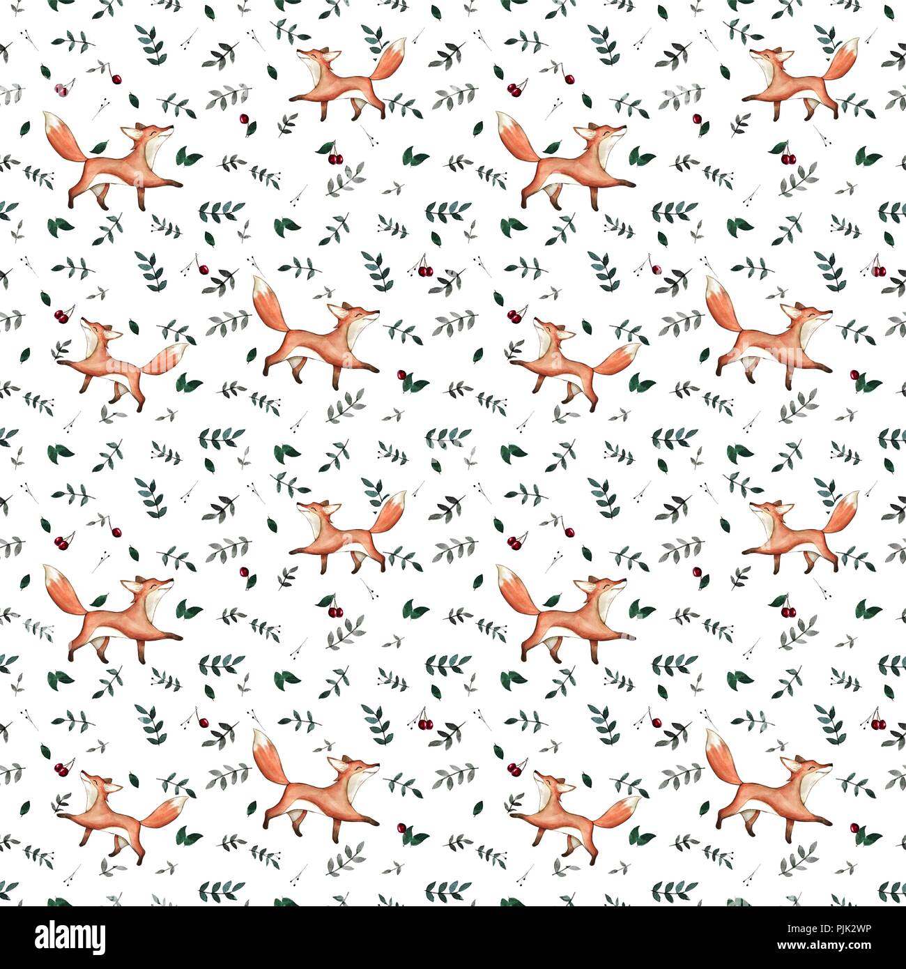 Watercolor cute hand drawn seamless pattern. Wild forest animals Stock ...