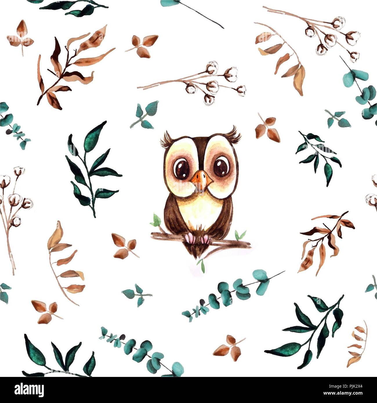 Watercolor cute hand drawn seamless pattern. Wild forest animals and ...