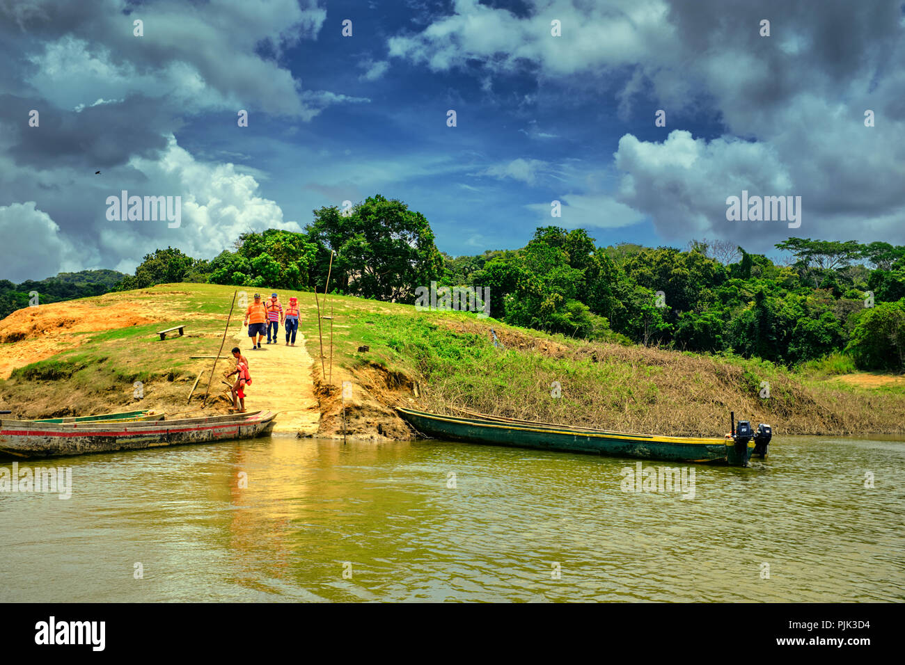 Chagres National Park, Panama - April 22, 2018: Dugout canoes being prepared for a river trip Stock Photo