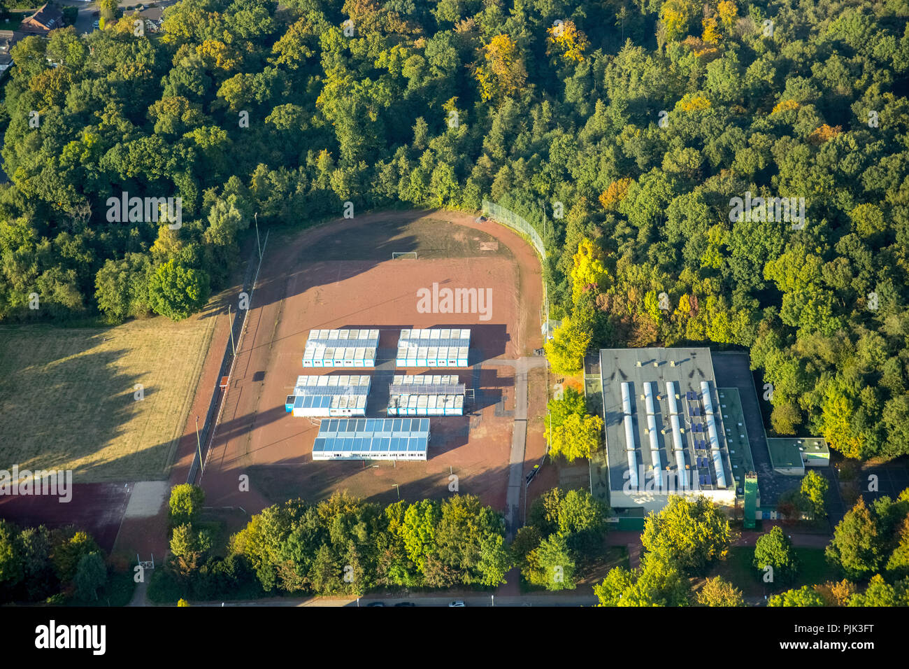 Aerial photo, refugee container at the Gesamtschule Rentfort, Gladbeck, Ruhr area, North Rhine-Westphalia, Germany Stock Photo