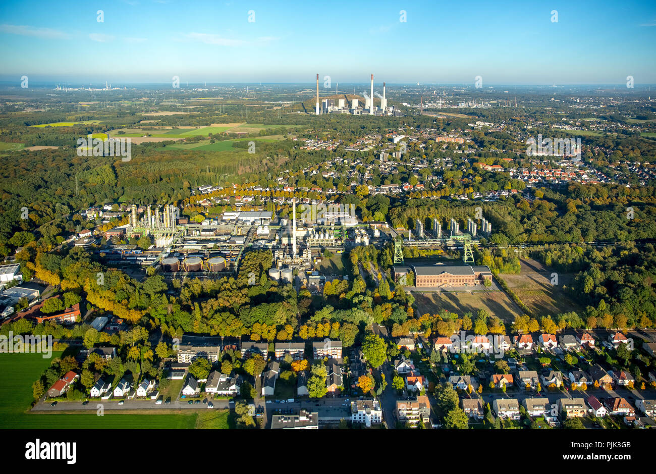 Aerial view, Ineos Phenol next to Machine hall Zweckel, Gladbeck, Ruhr area, North Rhine-Westphalia, Germany Stock Photo