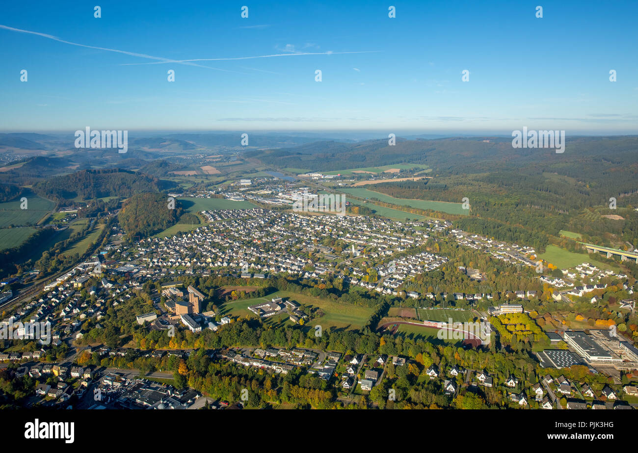 Aerial view, district Meschede West, Auf der Heide, Meschede, Sauerland, North Rhine-Westphalia, Germany Stock Photo