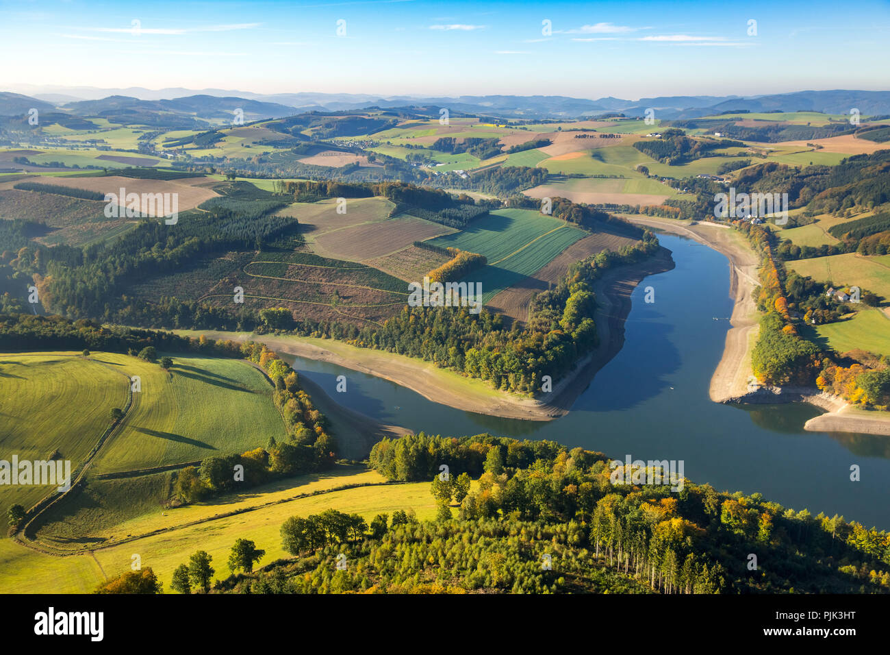 Aerial view, Hennesee, low water, lack of water, Meschede (Sauerland), Sauerland, North Rhine-Westphalia, Germany Stock Photo