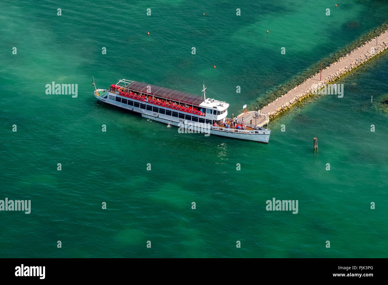 Aerial view, passenger liner, TRENTO pleasure boat at Bardolino pier, Lago di Garda, Lake Garda, Bardolino, Northern Italy, Veneto, Italy Stock Photo