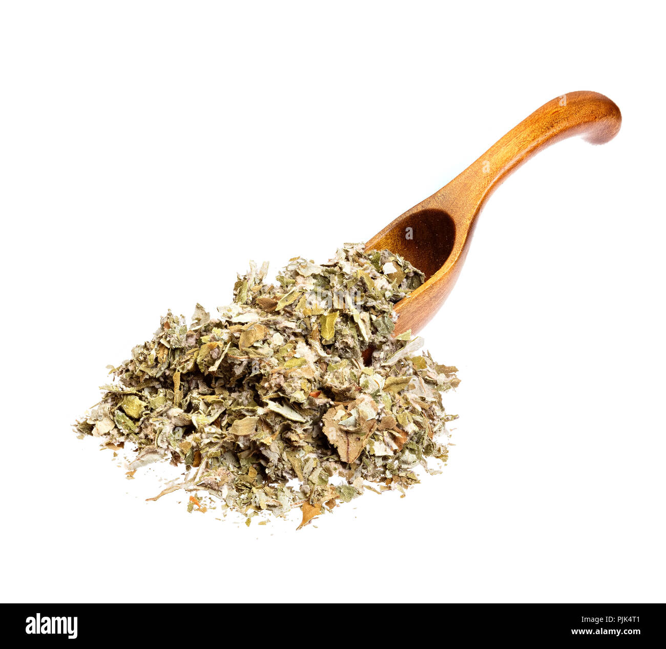 Dried foliage of coltsfoot on the wooden spoon Tussilago farfara for medical use. High resolution photo. Stock Photo