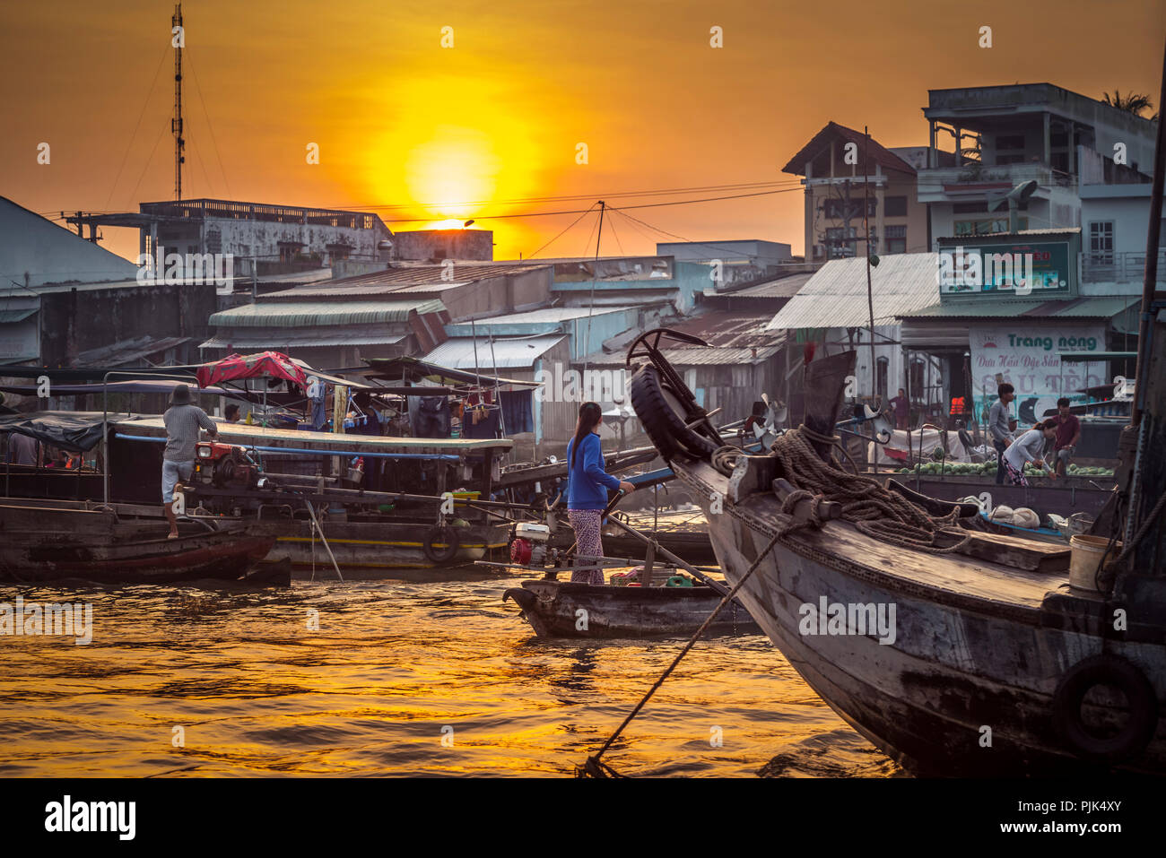 Asia, Southeast Asia, South Vietnam, Vietnam, Mekong Delta, floating market at sunrise Stock Photo