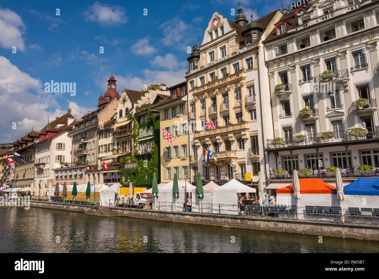 View from the Kapellbrücke to the Old Town, Lucerne, Lake Lucerne