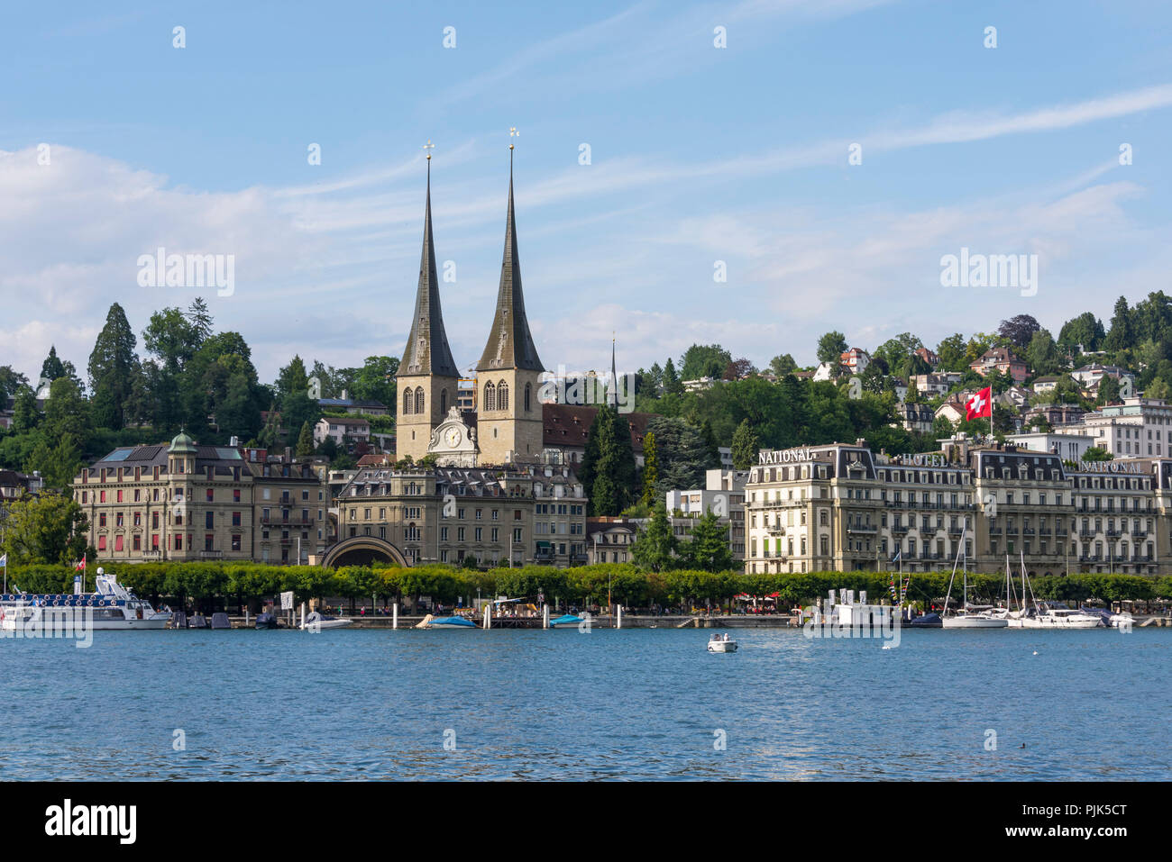 View on the north bank with court chapel St. Leodegar and Hotel National, Lucerne, Lake Lucerne, Canton Lucerne, Switzerland Stock Photo