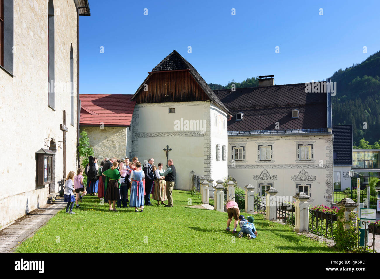 Göstling an der Ybbs, church, Sgraffito house in Austria, Lower Austria (Niederösterreich), Mostviertel region Stock Photo