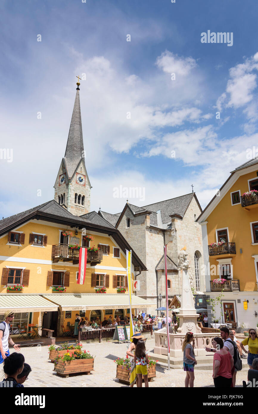 Hallstatt, Marktplatz (Market Square), Protestant church in Austria, Oberösterreich, Upper Austria, Salzkammergut Stock Photo