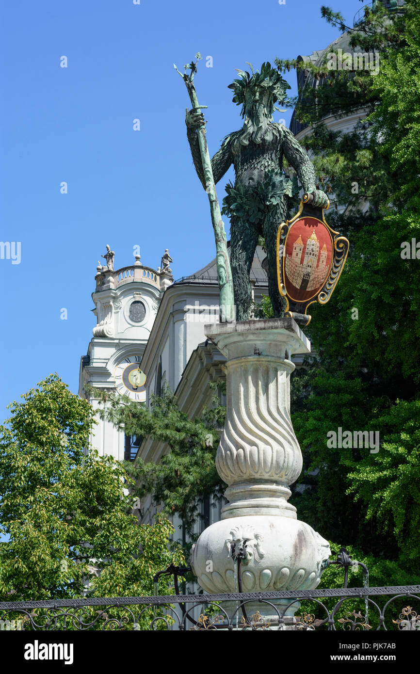 Salzburg, wild man with coat of arms of Salzburg at WilderMannBrunnen