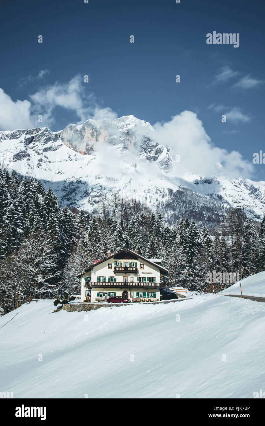 Germany, Bavaria, Maria Gern, house, mountain landscape, winter Stock Photo