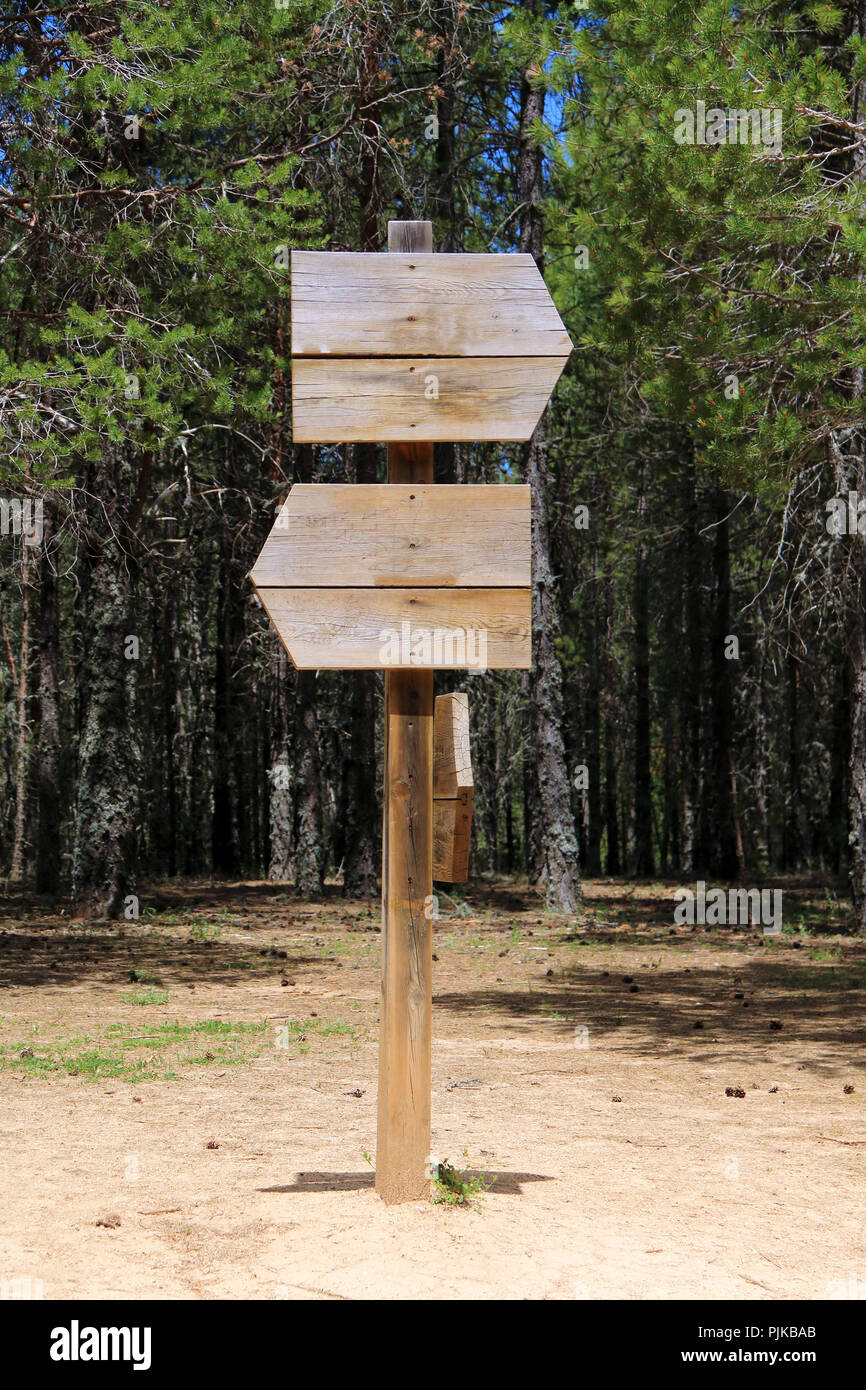 Informative post with wooden signs in the shape of an arrow pointing to ...