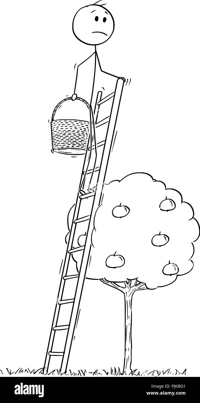 Cartoon of Man or Gardener Using Too High Ladder For Apple Fruit Picking Stock Vector
