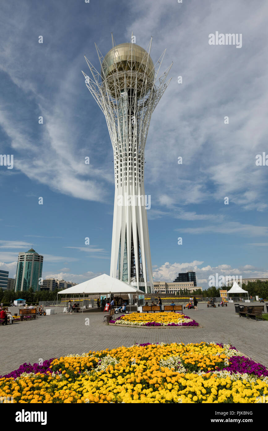 Astana, Kazakhstan, August 2 2018: Bayterek Tower is a monument and observation tower in Astana. The height of building is 105 meters. Stock Photo