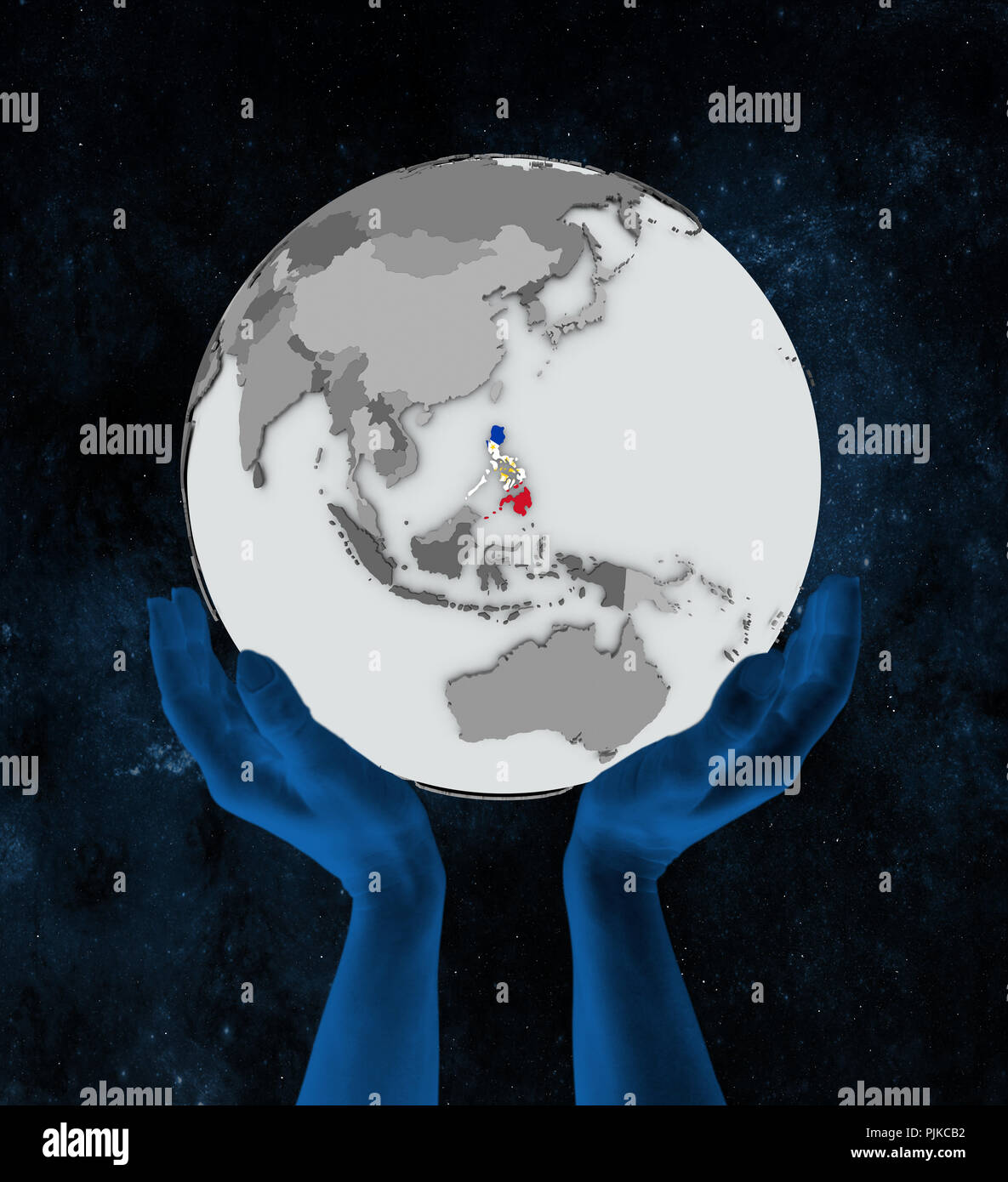 Philippines with flag on globe in hands in space. 3D illustration Stock ...