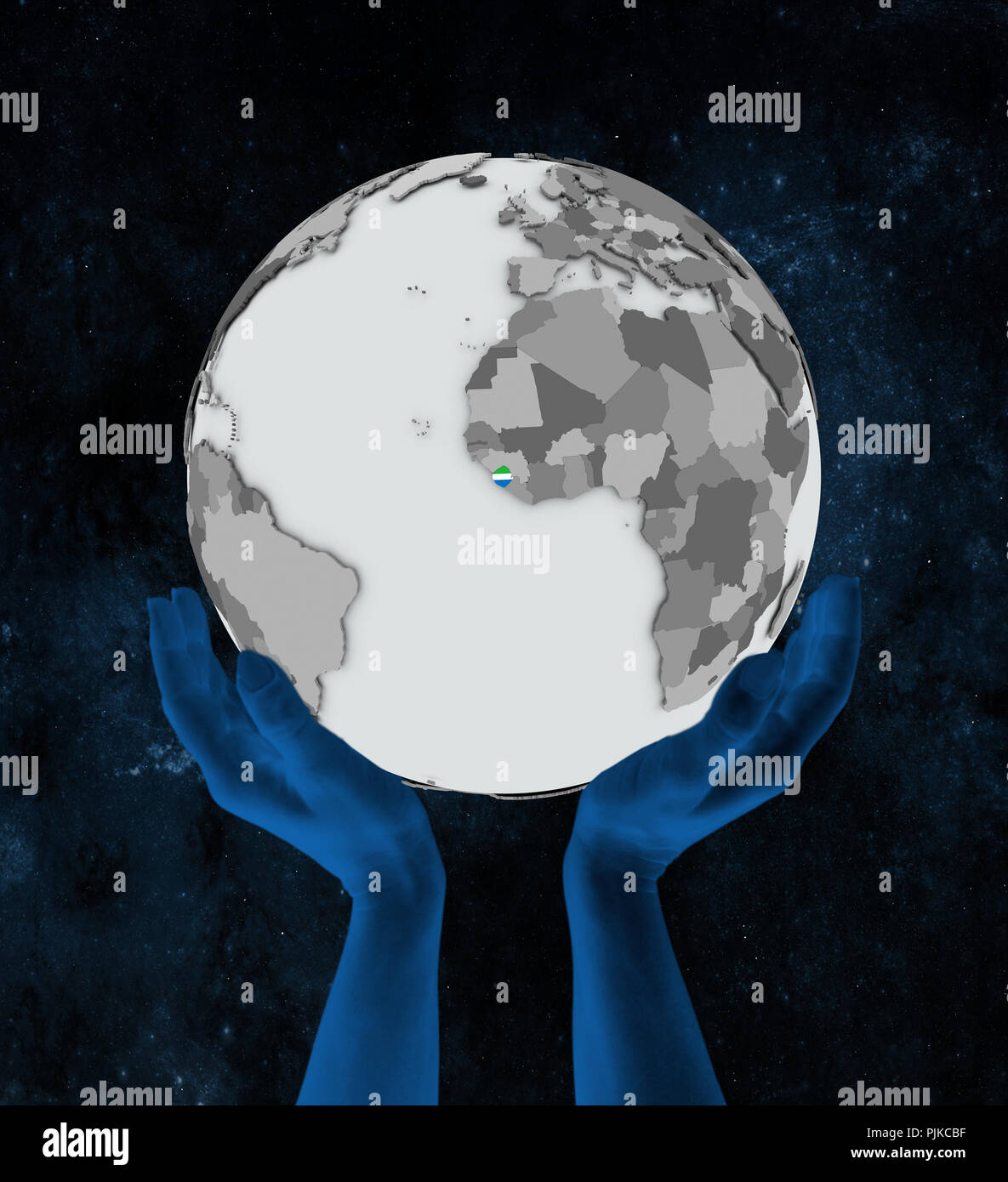 Sierra Leone with flag on globe in hands in space. 3D illustration ...
