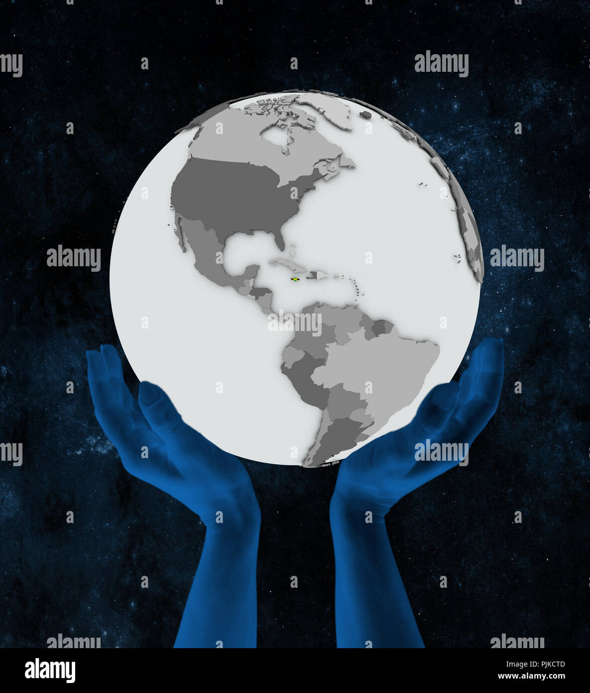 Jamaica with flag on globe in hands in space. 3D illustration. Stock Photo