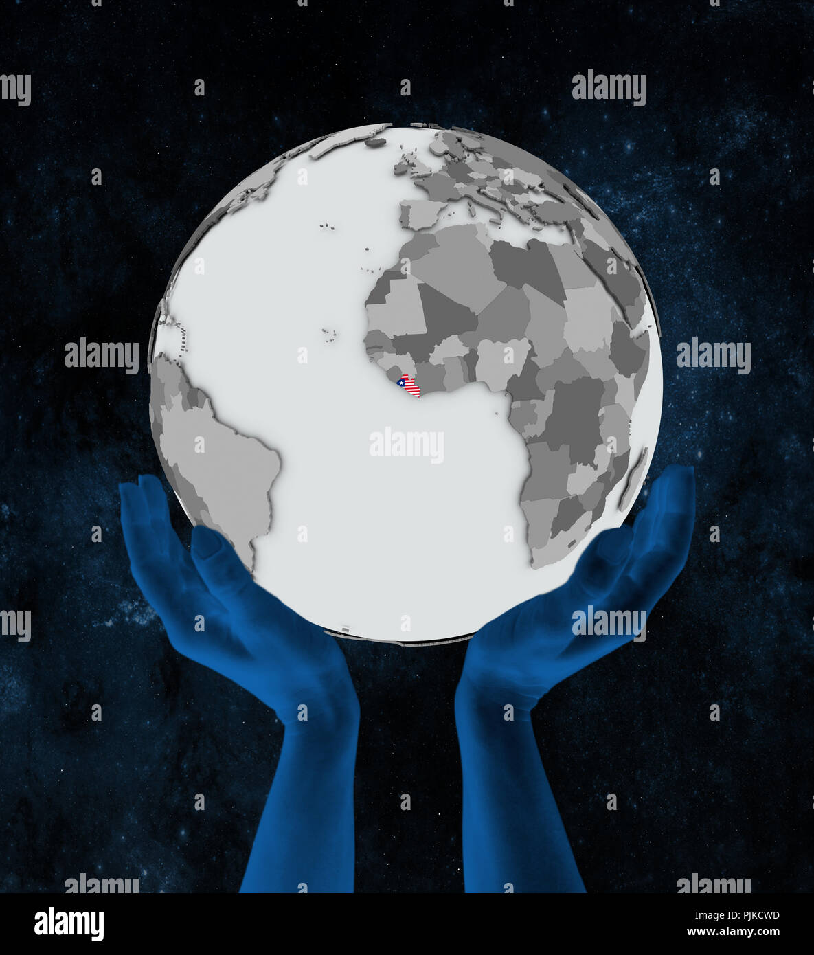 Liberia with flag on globe in hands in space. 3D illustration Stock ...
