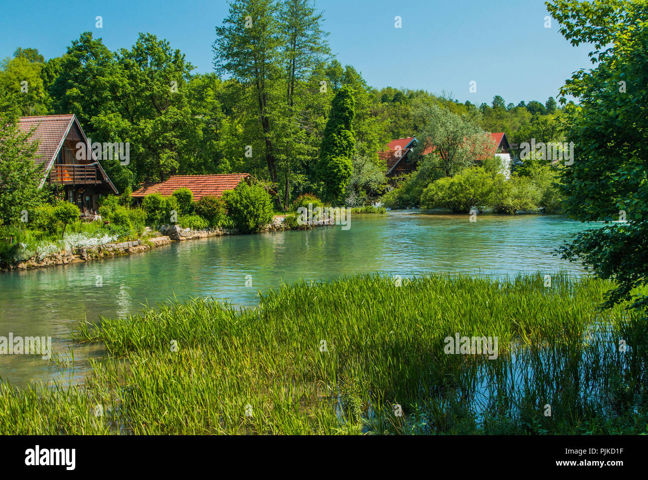 Panoramic view on beautiful waterfalls on Slunjcica river in the village of Rastoke near Slunj in Croatia Stock Photo