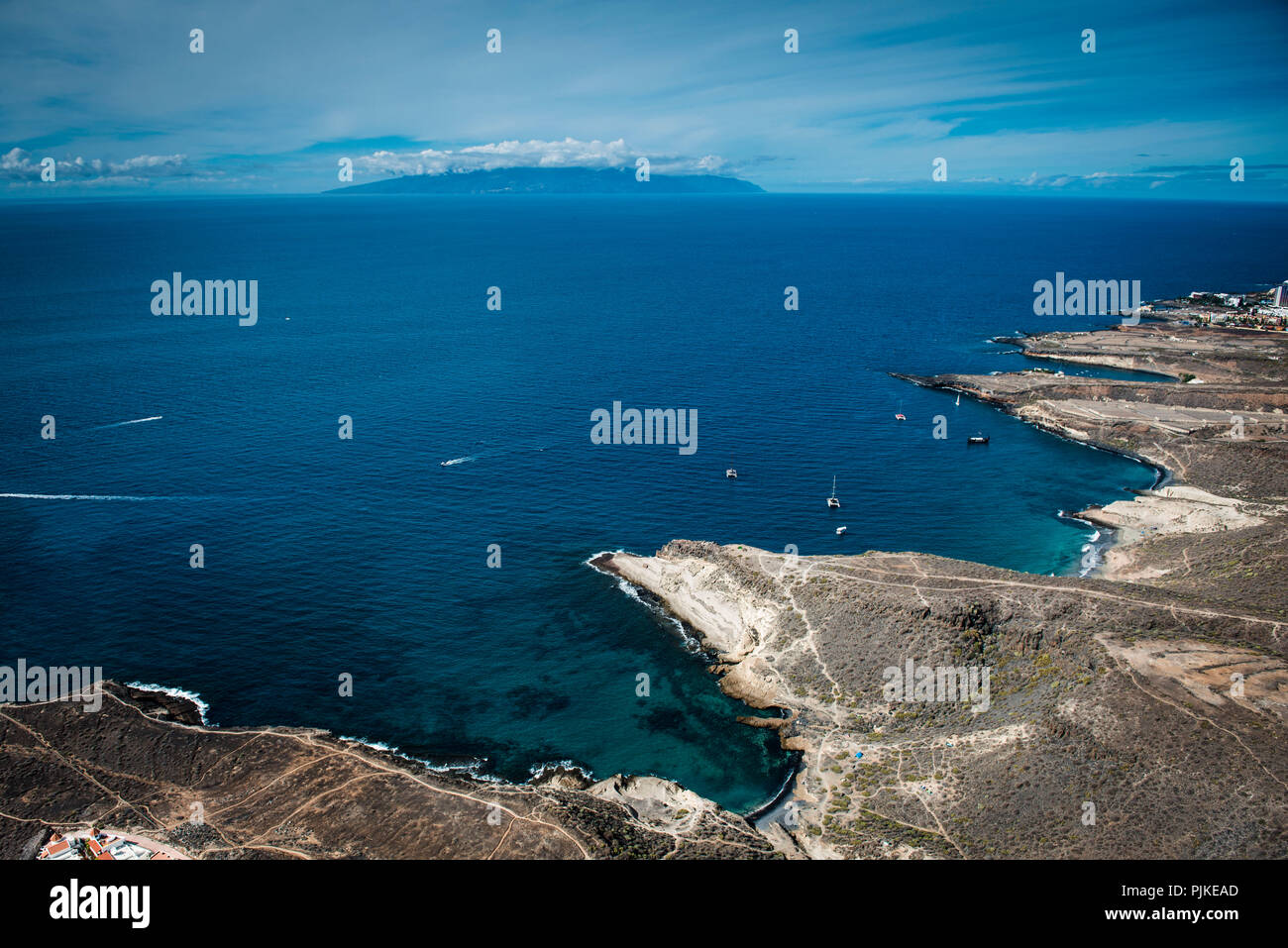 West coast of Tenerife with Gomera, bathing bays, volcanic island, aerial view, Canary Islands, Spain Stock Photo