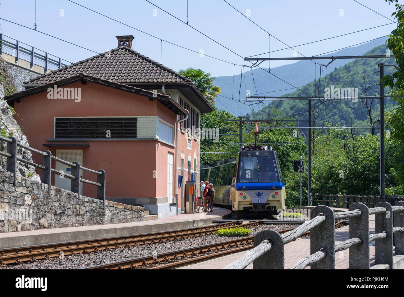 Centovalli train in railway station, Centovalli, Ticino, Switzerland Stock Photo
