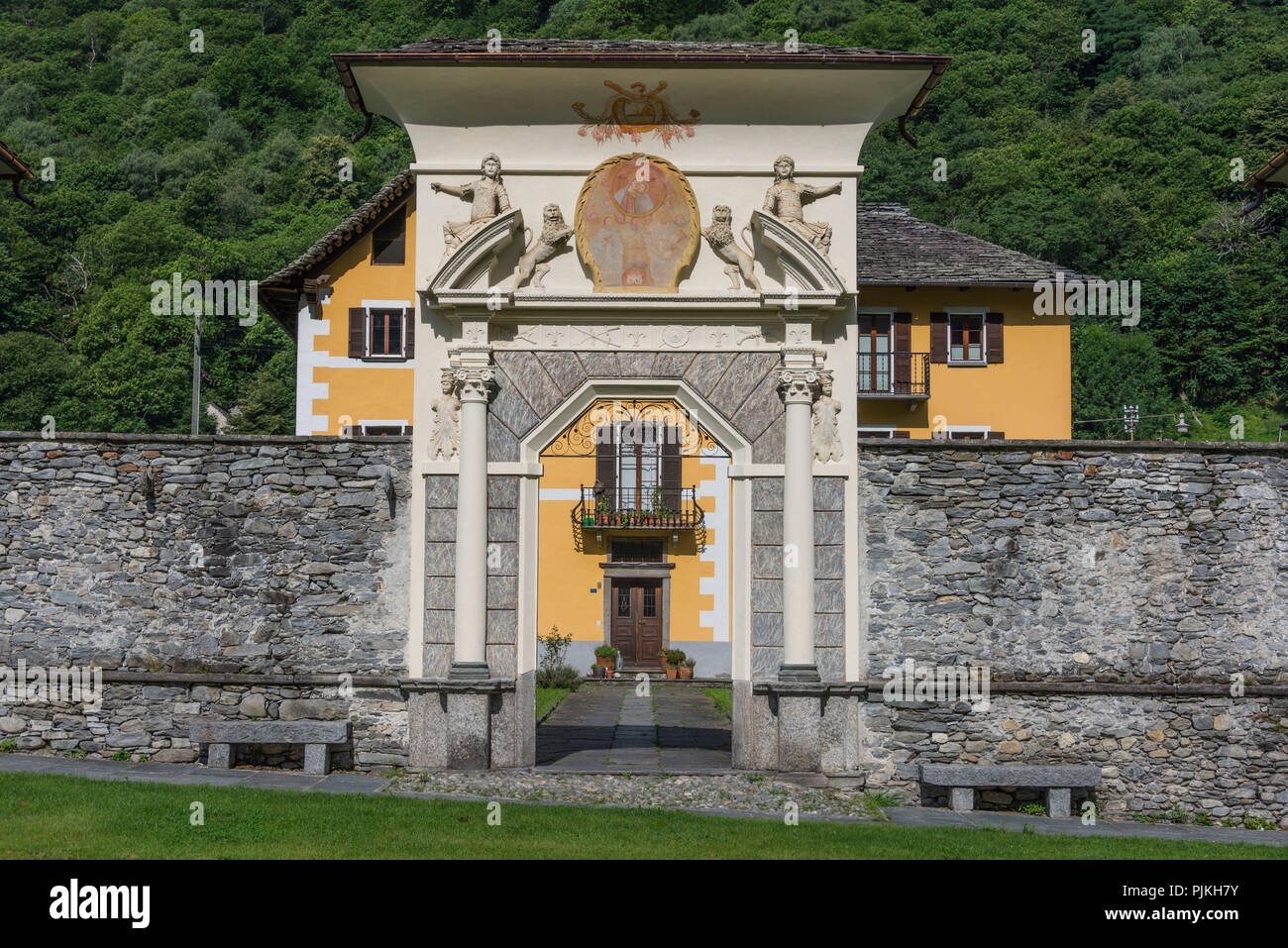 Entrance gate to the museum, municipality of Cevio, Valle Maggia, Ticino, Switzerland Stock Photo