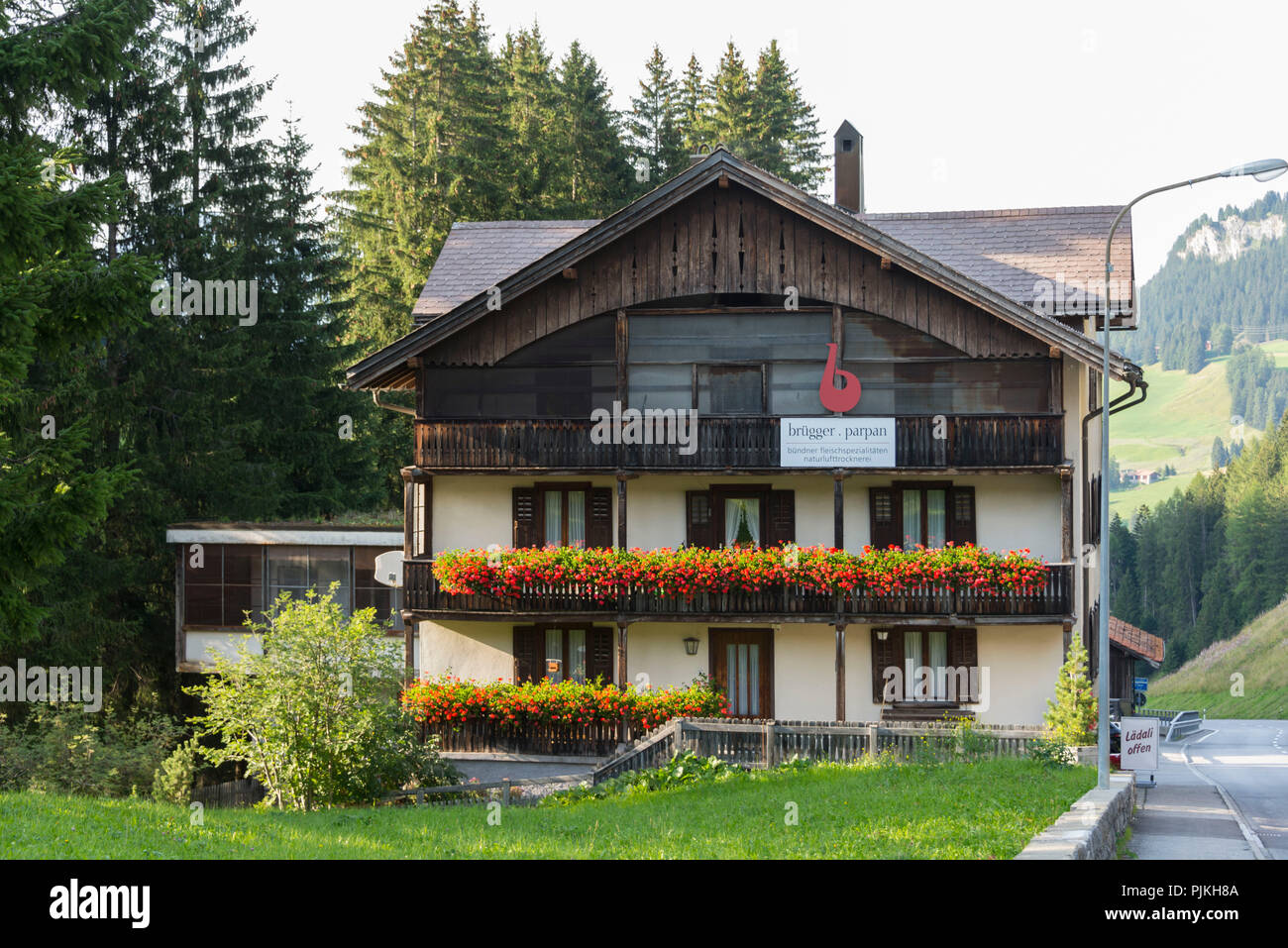 House of Brügger Bündner Fleisch meat drying plant, Parpan, municipality of Churwalden, canton of Grisons, Switzerland Stock Photo