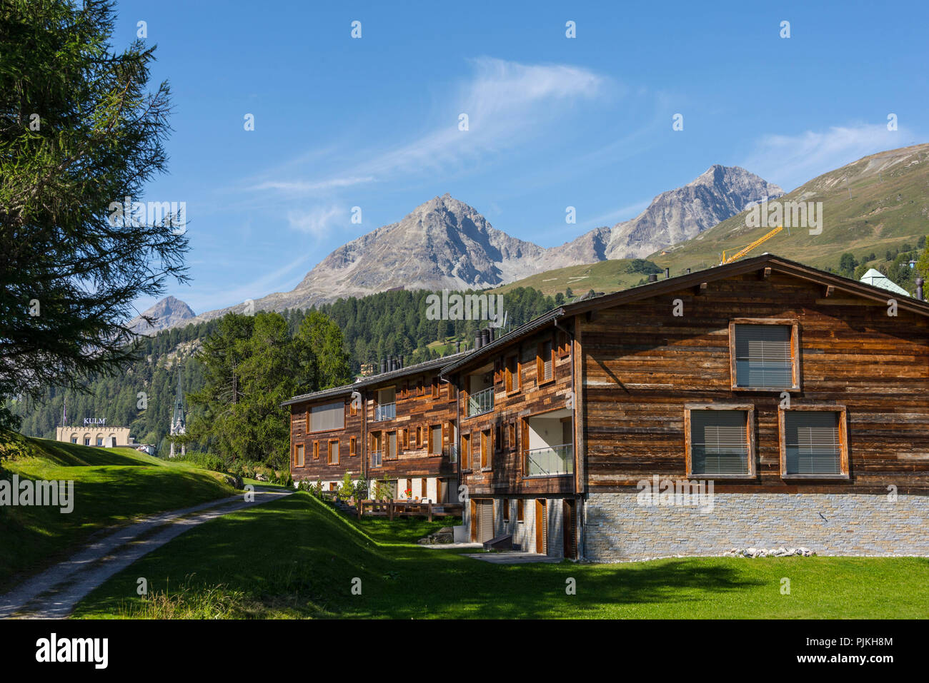Huts at the bobsleigh run in summer, St. Moritz, Upper Engadin, Canton Grisons, Switzerland Stock Photo