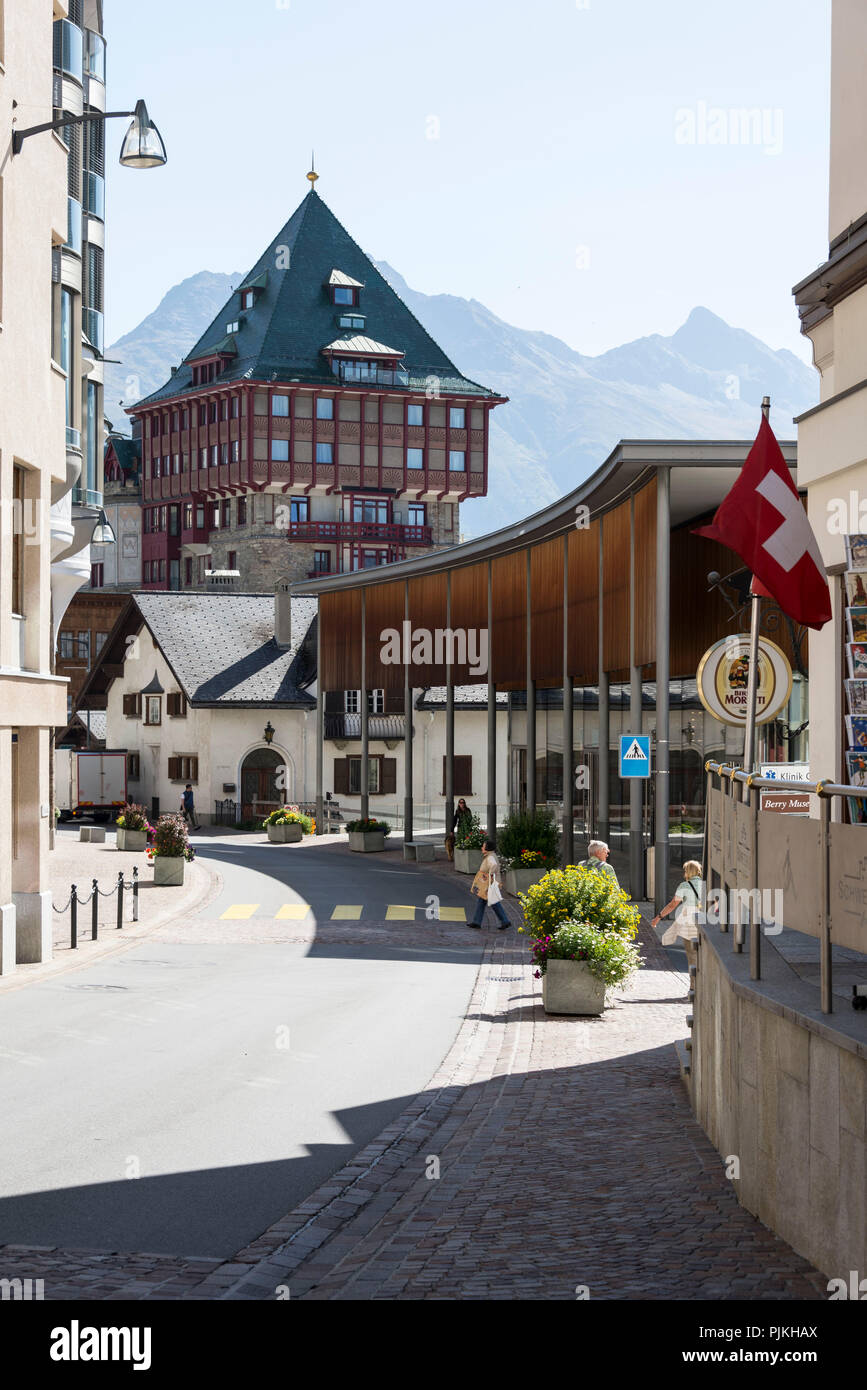 Townscape and jet set center Kulmhotel, St. Moritz, Upper Engadine, Engadine, Canton Grisons, Switzerland Stock Photo