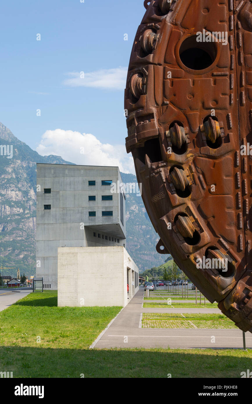 Tower of the Central South Gotthard Base Tunnel and tunnel boring machine, Pollegio, Ticino, Switzerland Stock Photo